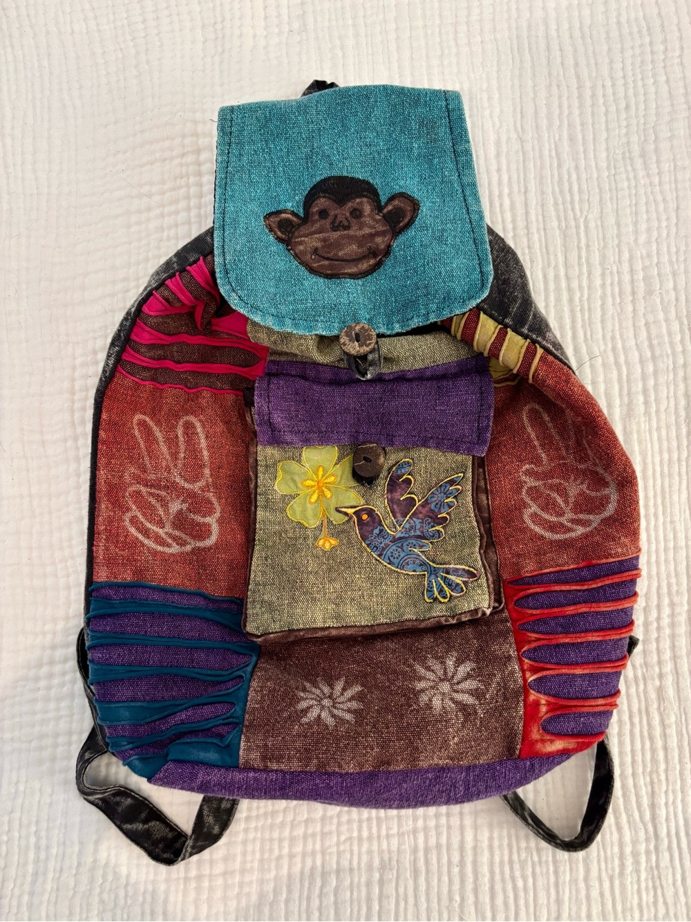 Colorful Boho Patchwork Backpack with Embroidered Bird & Monkey